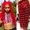 Hot Red Spets Frontal Wig Curly Human Hair Wigs Deep Wave 13x4 Transparent spetsfront peruk Syntetik för svarta kvinnor PRED PLUCKED