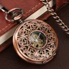 Pocket Watches Copper Red Hollow Mechanical Watch Classic Roman siffror Round Dial Vintage Stylish Hand Winding Antique Clock Gift