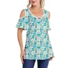 Kvinnors T-skjortor Floral Tryckt toppar ihåliga V-Neck Cross T-shirt Kvinnor 2023 Summer Casual Cold Shoulder Sexig Fashion Kvinnlig tees Blusas