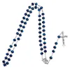 Kolye Kolyeleri Modaya uygun 6x8mm Koyu Derin Mavi Kristal Boncuklar Tespih Katolik Kolye Kutsal Toprak Madalyası Haç Duası Din Haç Je