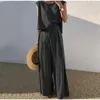 Pantalón de dos piezas para mujer Trajes de lino y algodón Verano sin mangas Cuello redondo Camiseta sin mangas Conjuntos de pierna ancha Moda femenina Casual Sólido Suelto 230522