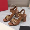 Metal chain decorated thick high heels sandals women's dermis ankle strap open-toe Dress shoes luxury Designers Sandals party evening shoes factory footwear With box