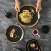 Piatti Bordo in oro nero Cena in ceramica Piatto per bistecca opaco Piatto per insalata creativo Servizio da tavola in porcellana per feste