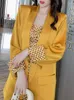 Kombinezon damski Spring Women Marynta 2023 OL Casual Professional Style Korean Yellow Loose Pocket Houndstooth Blazer Femme Office