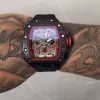 187Fashion Brand Automatic Quartz Watches男性用防水スケルトンリストウォッチWith Men Leather Strap