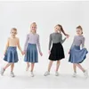 Family Matching Outfits kids girl spring summer strechy striped half zipper tee with casual skirts Mom daughter fashion sporty family matching clothing 230522