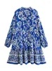 Casual Dresses Print Pleated Dress Women Blue Boho Mini Woman Summer Beach Short For 2023 Sleeve Female