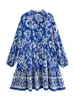 Vestidos casuales Vestido plisado estampado Mujer Azul Boho Mini Mujer Verano Playa Corto para 2023 Manga Mujer