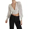 Women's Blouses Wsevypo Chic Sequins Blouse Women V-Neck Lantern Long Sleeve Crop Tops Elegant Fashion Ladies Pullover Shirts Fall Spring