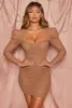 Casual jurken Winterjurk 2023 vrouwen mesh ruche bubble lange mouw sexy mini bandage bruine beroemde beroemde vestidos schede elegant