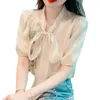女性用ブラウス夏のスパンコール花柄のブラウスショートスリーフシフォンシャツ女性用服2023刺繍されたトップオールマッチングブルザムージャー