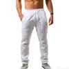 Calça de linho de algodão masculino de jeans masculino, linho de linho respirável do verão calças de fitness de cintura elástica casual masculino