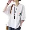 Koszulki damskie T-shirt O-Neck Lantern Pół rękawów Plaste Pocket Pocket Sharrink brzeg cienki haft kwiatowy
