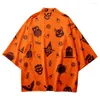 Vêtements ethniques japonais samouraï Kimono et short ensemble hommes femmes Halloween Orange imprimé Cardigan Blouse Haori Obi asiatique Cosplay vêtements