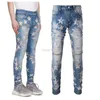 Jeans pour hommes Topdesigner Vêtements Amires Denim Pantalons Amies 874 High Street Fashion Brand Blue Star Grid Patch Stretch Hole Trend Slim Straight Small Feet Me
