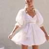 Vestidos casuais boho inspirado estilo francês estilo ladras elegante vestido de algodão branco arco amarrado com decote em v minguido de manga mina sexy feminina festa