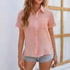 Poloshirts für Damen, solide Damen-Pendlerbluse, lässig, kurzärmelig, Revers, einreihiges Hemd, Damenmode, locker, einfache Tasche, Büro