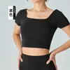 Lu Lu lemens Top da yoga aperti a forma di U con reggiseno imbottito a maniche corte da donna T-shirt sportiva corta Camicia fitness nuda ad asciugatura rapida