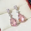 Dangle Earrings Huitan Delicate Pink CZ Drop Women Wedding Party Fashion Pear Ear Accessories Fancy Birthday Gift Statement Jewelry