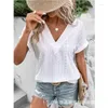 Women's T Shirts Eyelet Embroidery Short Sleeve Casual T-shirt Women Top Tee Spring Summer Solid Color Tops V Neck