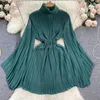 Casual Dresses Summer French Pleated Flare Sleeves High Neck Dress Light Luxury Waist Wrapped Chiffon Skirt