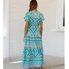 Party Dresses Hippie Fad Sexig tryckt Summer Maxi Dress Deep V Neck Short Sleeve Vintage Vestido Beach Boho Casual Clothes Long Women