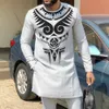 Tracksuits -merk African Man Outfit voor heren set grijs patchwork tops ontwerp geprinte heren sets shirt met pant African mode mannelijke bruidegom pakken 230522