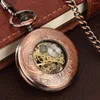 Pocket Watches Copper Red Hollow Mechanical Watch Classic Roman siffror Round Dial Vintage Stylish Hand Winding Antique Clock Gift