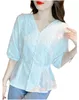 Blouses van chiffon met v-hals en borduursel voor dames, single-breasted slim waist-overhemd met driekwartmouwen SMLXLXXL