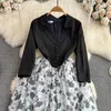 Casual Dresses Spring And Autumn Senior Sense Light Luxury Temperament Suit Collar Spell Receive Waist Slimming Printed Dress