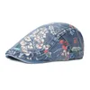 Kvinnors basker blommorduk denim toppade keps kinesisk stil retro newboy caps reser solfast framåt hatt casquette sunhat