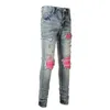 Designer Clothing Amires Jeans Denim Pants Amies Fashionable High Street 6806 Light Blue Pink Contrast Colorful Broken Hole Patch Elastic Slim Fit Small Foot Jeans f