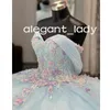Himmelblaue Quinceanera-Kleider, rosa 3D-Blumen, Blumenapplikationen, schulterfrei, Schnürkorsett, Abschlussball, Vestidos De XV Anos