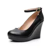 Dress Shoes Fashion Ankle Strap High Wedges Platform Pumps For Women Casual Genuine Leather Black Work Heels