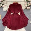 Casual Dresses Summer French Pleated Flare Sleeves High Neck Dress Light Luxury Waist Wrapped Chiffon Skirt