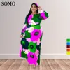 Plus size Dresses Autumn Long Sleeve Maxi Dress Large Flower Print Fashion 5XL Plus Size Women Casual Elegant Dresses Wholesale Drop 230520