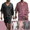 Men S Tracksuits 2pcs Set Men Summer Cotton Linen Shirt Set Losse Casual Tops Shorts Suit Mouw Pyjama's comfortabele ademende strand 230522
