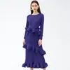 Casual Dresses MUHUIZI Women Ruffles Pleated Dress Solid Color O-neck Long Sleeve Lace-up Mid-length Female Elegant Kaftan