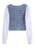 Kvinnors blusar Street Style Front Buttons V Neck Crop Top Women Check Tweed Contrast Fabric Patchwork Blus långärmad elegant