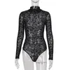 Combinaisons pour femmes Barboteuses Gothique Noir Sexy Femmes O-Neck Mesh Perspective Imprimé Léopard À Manches Longues Body Goth Femme Flocage Spli