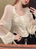 Women's Blouses 2023 Women Spring Sexy Short Chiffon Blouse Shirt Slim Botton Draped Pullovers Ladies Square Neck Feminine Sweet Tops Summer