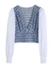 Kvinnors blusar Street Style Front Buttons V Neck Crop Top Women Check Tweed Contrast Fabric Patchwork Blus långärmad elegant