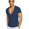 Men's T-Shirts Summer Sexy Deep V-Neck Men's T Shirt Low Cut Vneck Wide Vee Tee Male Tshirt Short Sleeve Causal Solid Tops Invisible Undershirt 230522