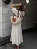 Casual jurken sexy v nek backless long dames zomer beige puff driedelige mouw jurk katoen linnen mode gewaad 2023