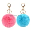 Keychains Lanyards Fashion Rabbit Fur Ball Keychain Pendant Round Plush Key Chain Lage Decoration Keyring Creative Jewelry Gift 8C Dhpti