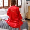 Women's Sleepwear Long Sleeve Nightwear Casual Home Dressing Gown Bride Bridesmaid Wedding Robe Sexy Kimono Satin V-Neck Nightgown