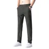 Men's Pants Men Summer Straight Elastic Waist Pockets Ankle Length Commute Slim Fit Ice Silk Trousers Male Clothes