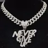 Pendant Necklaces Men Women Hip Hop NEVER GIVE UP Pendant Necklace 13mm Crystal Cuban Chain HipHop Iced Out Bling Necklaces Fashion Charm Jewelry 230522