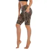 Aktiv shorts hög midja sport yoga kvinnor leopard tryck gym atletisk fitness aktivt kläder elastiska sidor ficka cykelträning