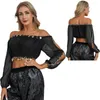 Abbigliamento da palcoscenico Top da esibizione di danza del ventre da donna Top a tema Halloween Costume di carnevale con paillettes e perline con maniche lunghe a sbuffo